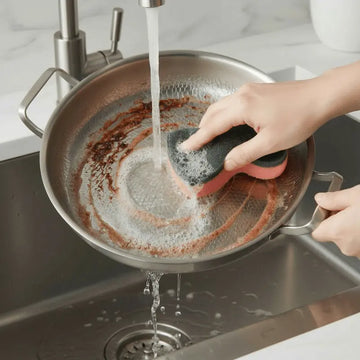 Person cleaning a Titanium Hammered Double-Handle Frying Pan with a sponge in a kitchen sink.