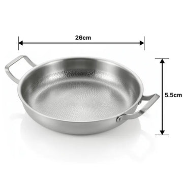 Titanium Hammered Double-Handle Frying Pan with dimensions labelled on a white background
