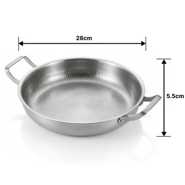 Titanium Hammered Double-Handle Frying Pan with dimensions labelled on a white background