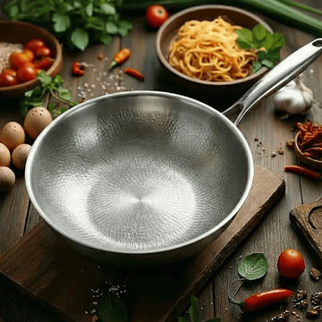 Titanium hammered wok pan with non-stick pure titanium surface and stainless steel handle, suitable for induction and gas cooktops