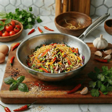 Titanium hammered wok pan with non-stick pure titanium surface and stainless steel handle, suitable for induction and gas cooktops with noodles in the pan ready to serve