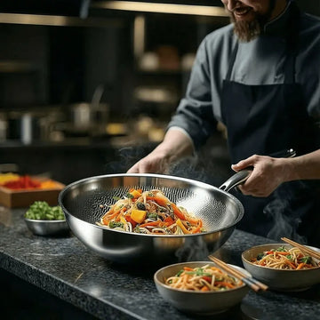 A chef in a restaurant kitchen using the titanium hammered wok ready to serve a stir fry