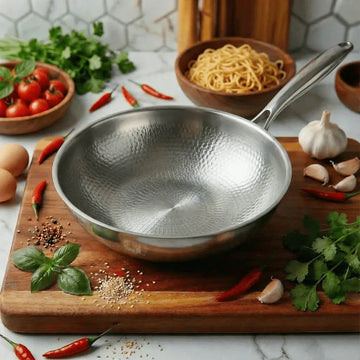 Titanium hammered wok pan with non-stick pure titanium surface and stainless steel handle, suitable for induction and gas cooktops.