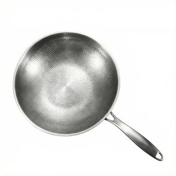 Titanium hammered wok pan with non-stick pure titanium surface and stainless steel handle, suitable for induction and gas cooktops, top view on a white background.