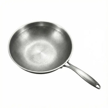 Titanium hammered wok pan with non-stick pure titanium surface and stainless steel handle, suitable for induction and gas cooktops, top angled view on a white background.