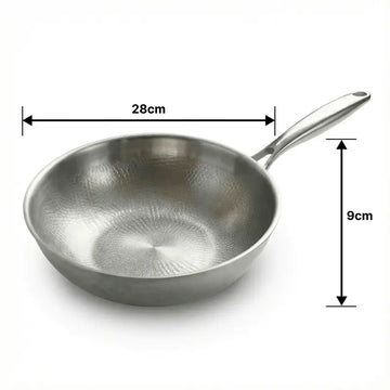 Titanium hammered wok pan with non-stick pure titanium surface and stainless steel handle, suitable for induction and gas cooktops dimension image 28cm wide wok.