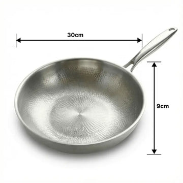 Titanium hammered wok pan with non-stick pure titanium surface and stainless steel handle, suitable for induction and gas cooktops dimension image 30cm wide wok.