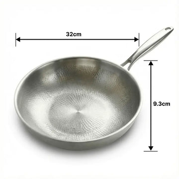 Titanium hammered wok pan with non-stick pure titanium surface and stainless steel handle, suitable for induction and gas cooktops dimension image 32cm wide wok.