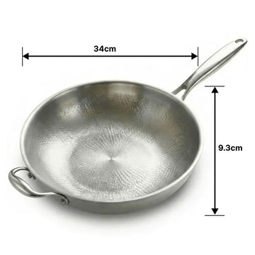 Titanium hammered wok pan with non-stick pure titanium surface and stainless steel handle, suitable for induction and gas cooktops dimension image 34cm wide wok with handle.
