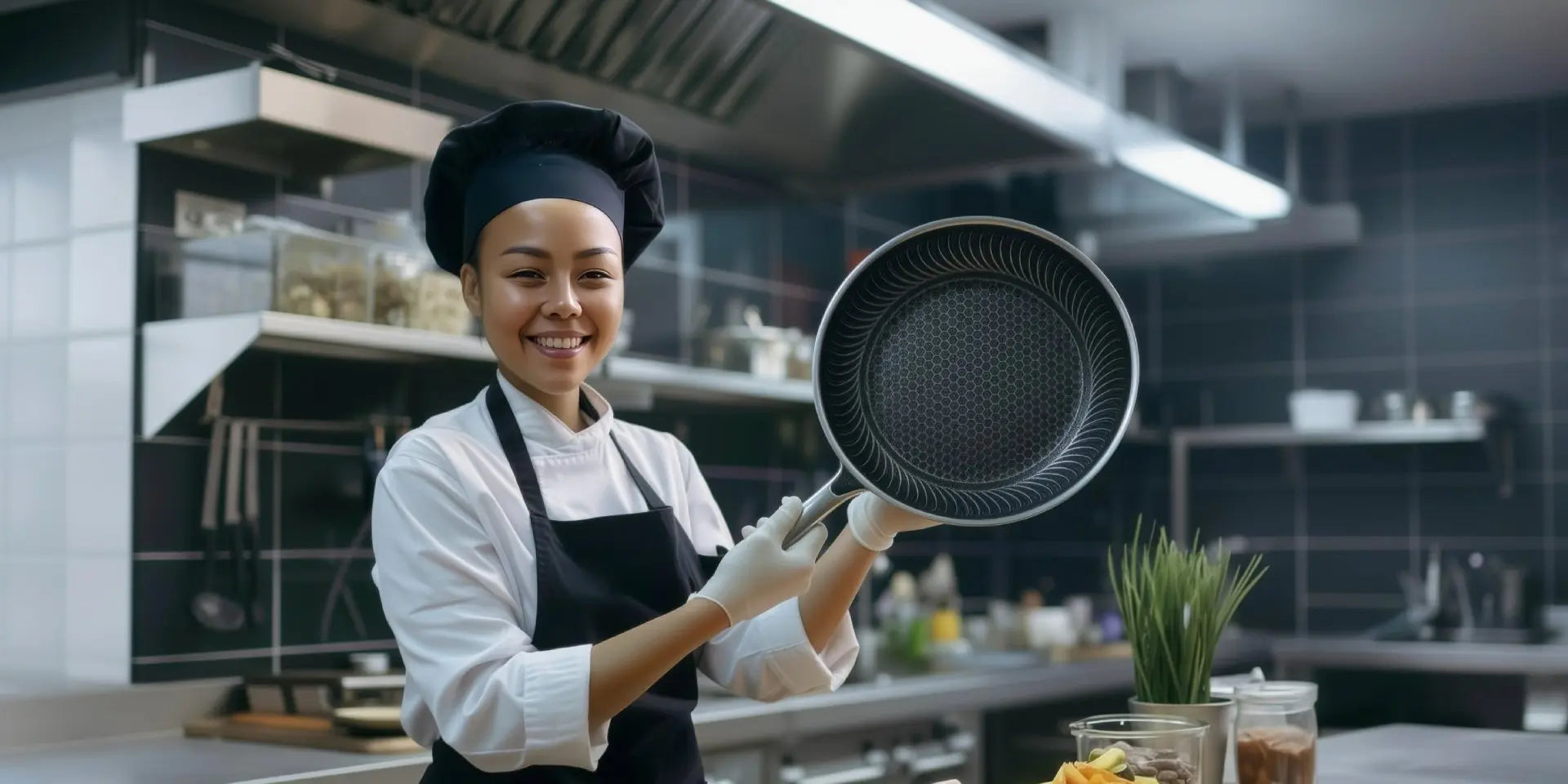 yuis-kitchen-banner-chef-in-kitchen-using-a-hex-pattern-satinless-steel-honeycomb-pan