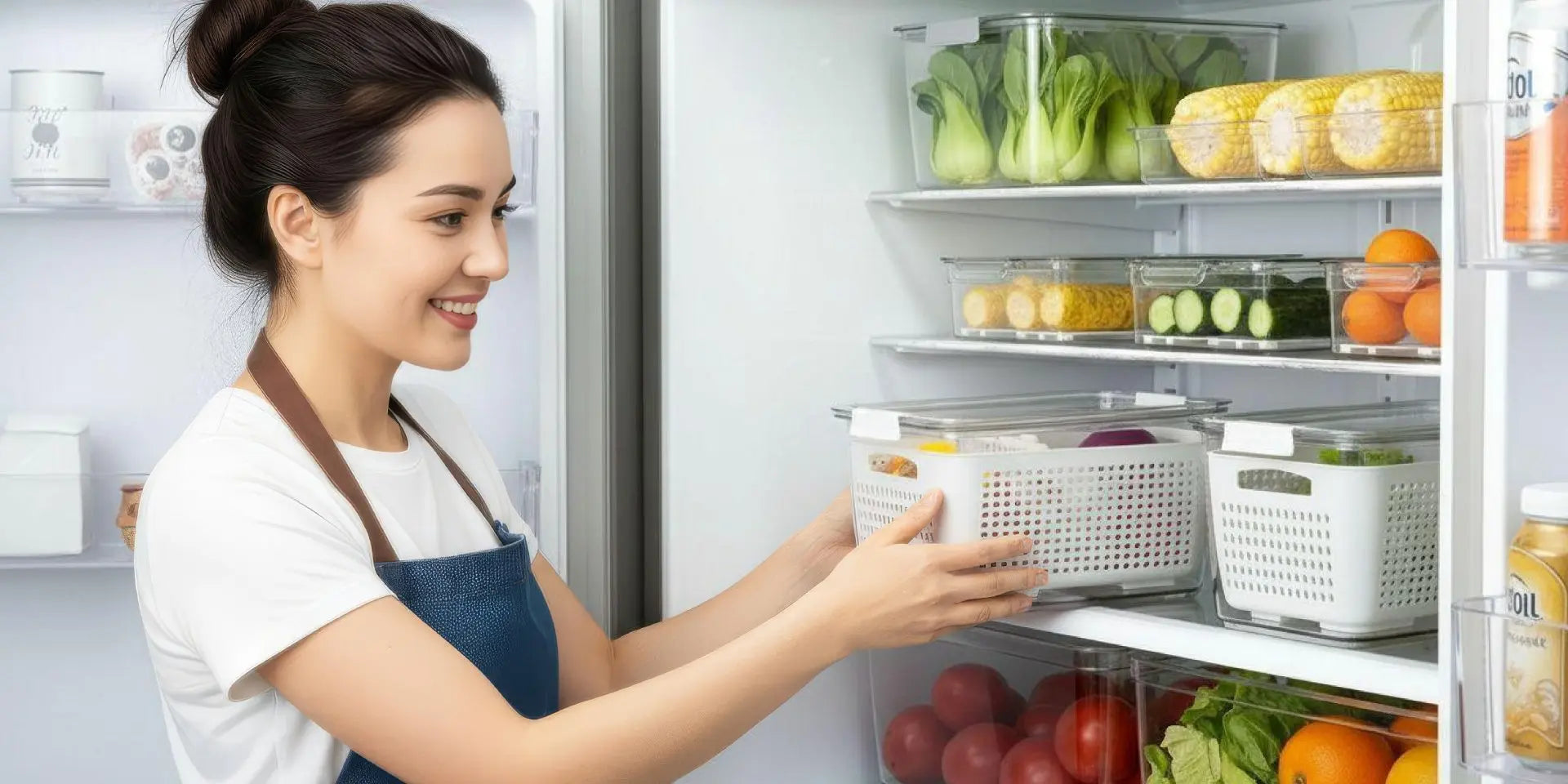A woman in an apron opening an organised refrigerator filled with fresh food and placing a fridge storage basket on the shelf. 