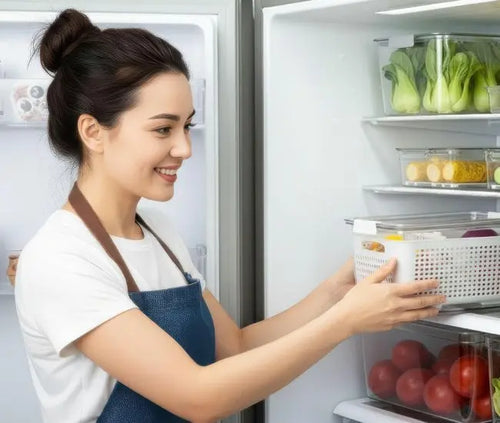A woman in an apron opening an organised refrigerator filled with fresh vegtables and placing a fridge storage basket on the shelf. 